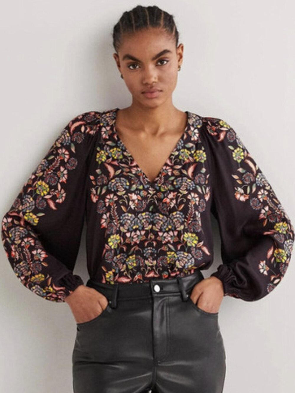 Boden Black Floral Border V-neck Button Front Long Balloon Sleeve Blouse 8 T1082